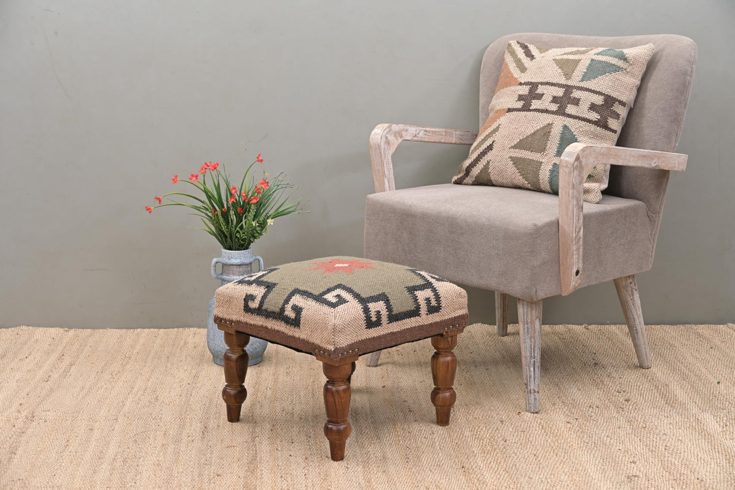 Handmade Jute Ottoman Stool with Wooden Legs