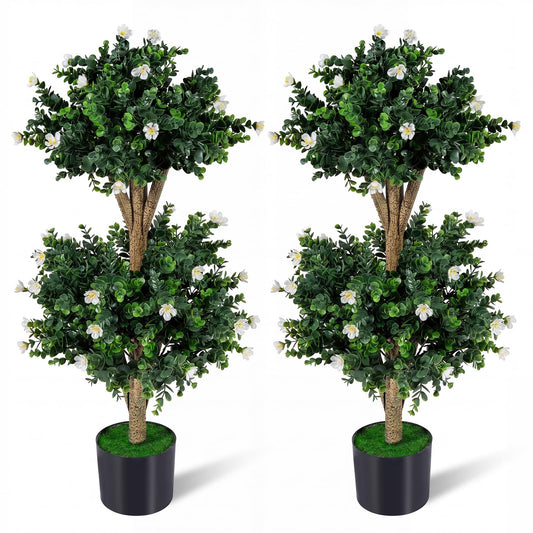 Set of 2 Faux Bush Plant w/41 Blossoms, Cement-Filled Plastic Pot