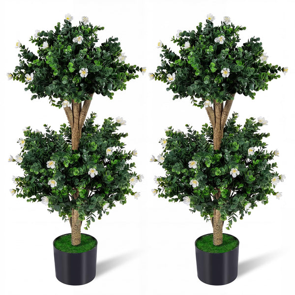 Set of 2 Faux Bush Plant w/41 Blossoms, Cement-Filled Plastic Pot