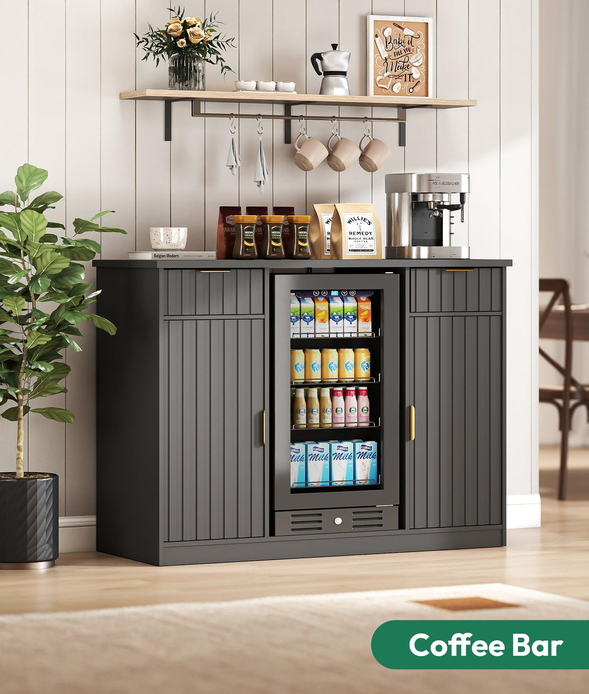 Mini Fridge Cabinet with Hutch and Wine Glass Rack