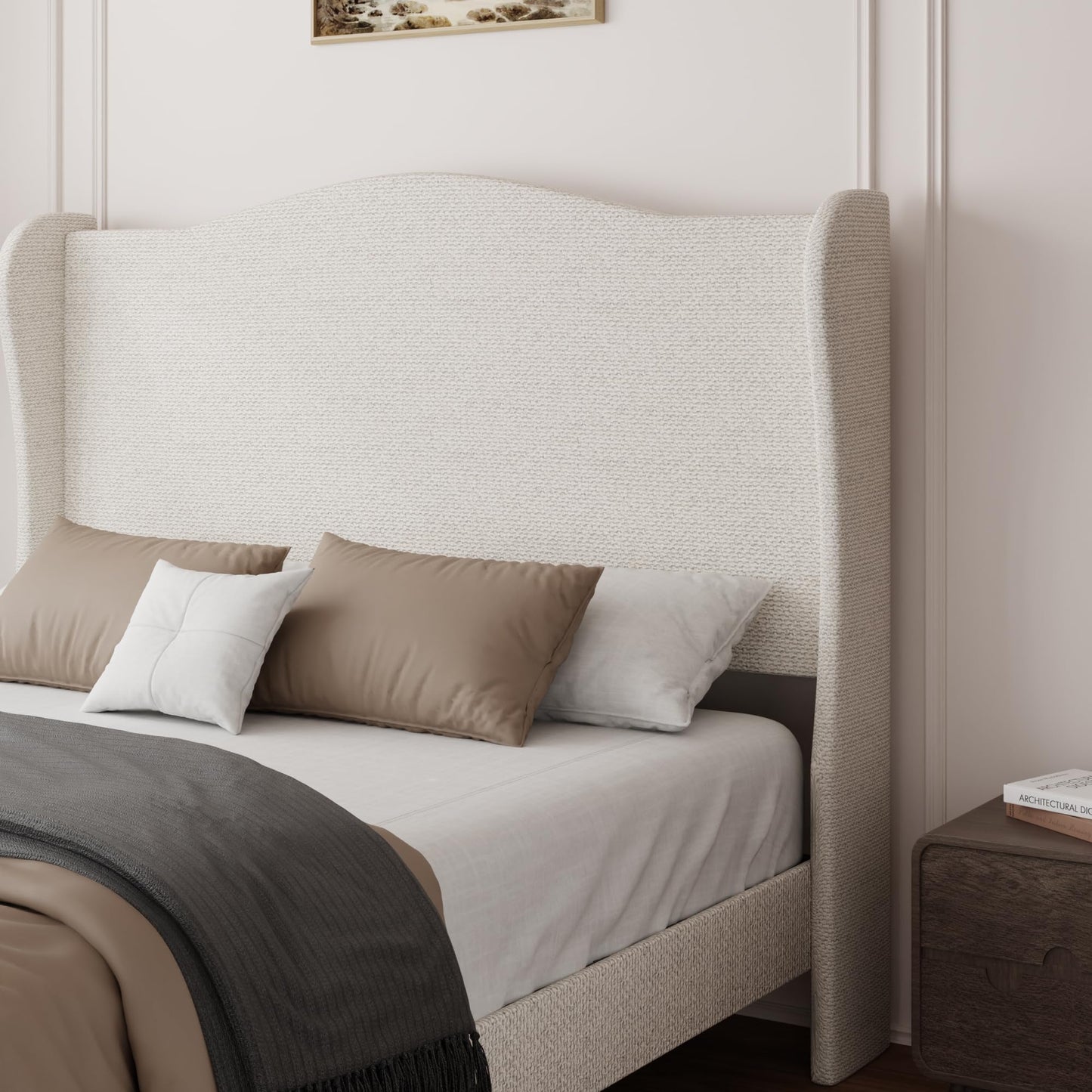 King Bed Frame with Extra Tall 55.5" Wingback Headboard, White Boucle Upholstered Platform Bed Frame, Modern Cloud Bed, Noise-Free, Metal Slats Support, No Box Spring Needed