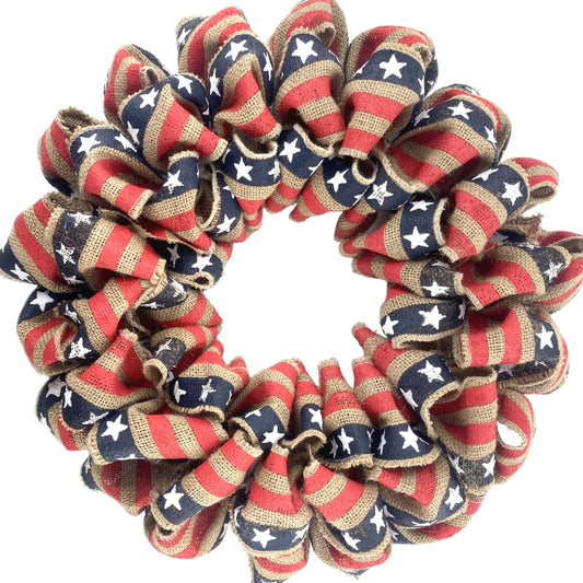 18 Inch Patriotic Burlap Stripe Ribbon Wreath