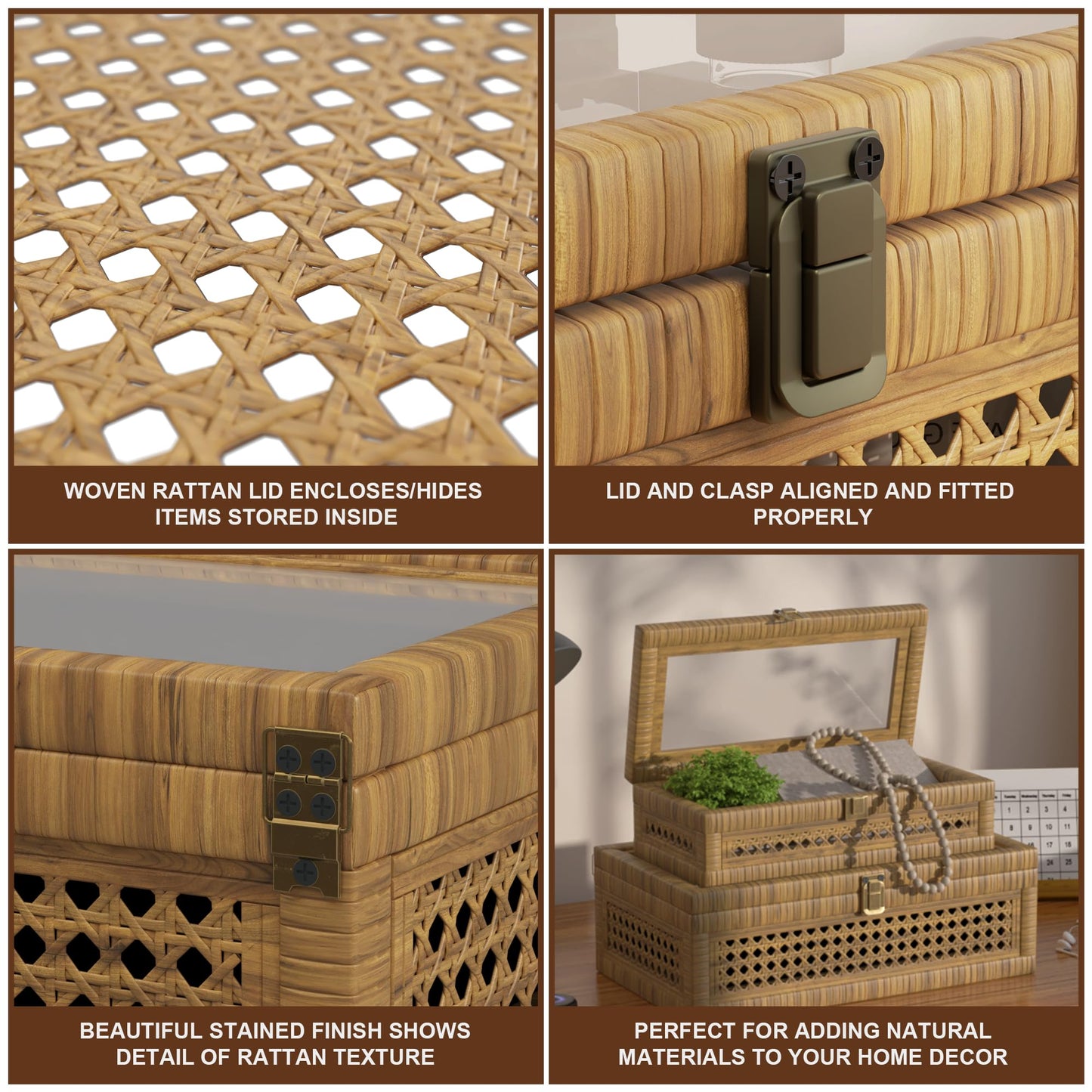 Rattan Decorative Box,Boho Display Boxes with Lids,Set of 2 Rectangular Wicker Storage Decoration,Natural Woven Cane Bins for Home Decor for Rustic Farmhouse(Yellow and Black)