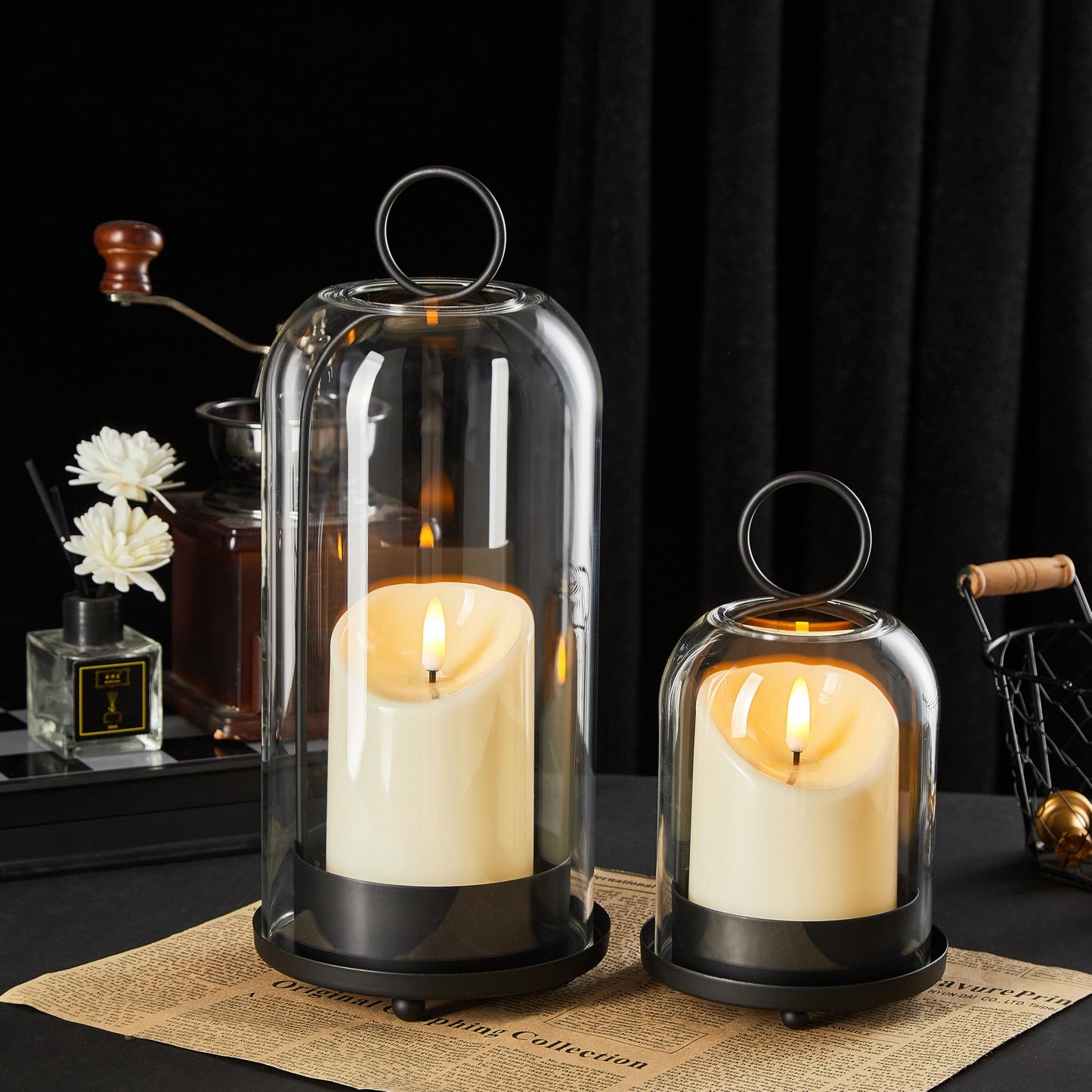 Brass Hurricane Candle Holder with Handmade Glass Dome, Set of 2