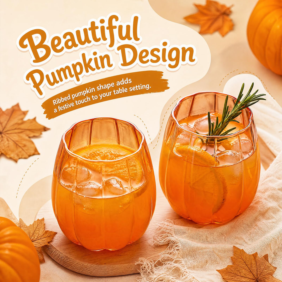 2 Pcs Fall Pumpkin Wine Glasses Stemless Glass Cups