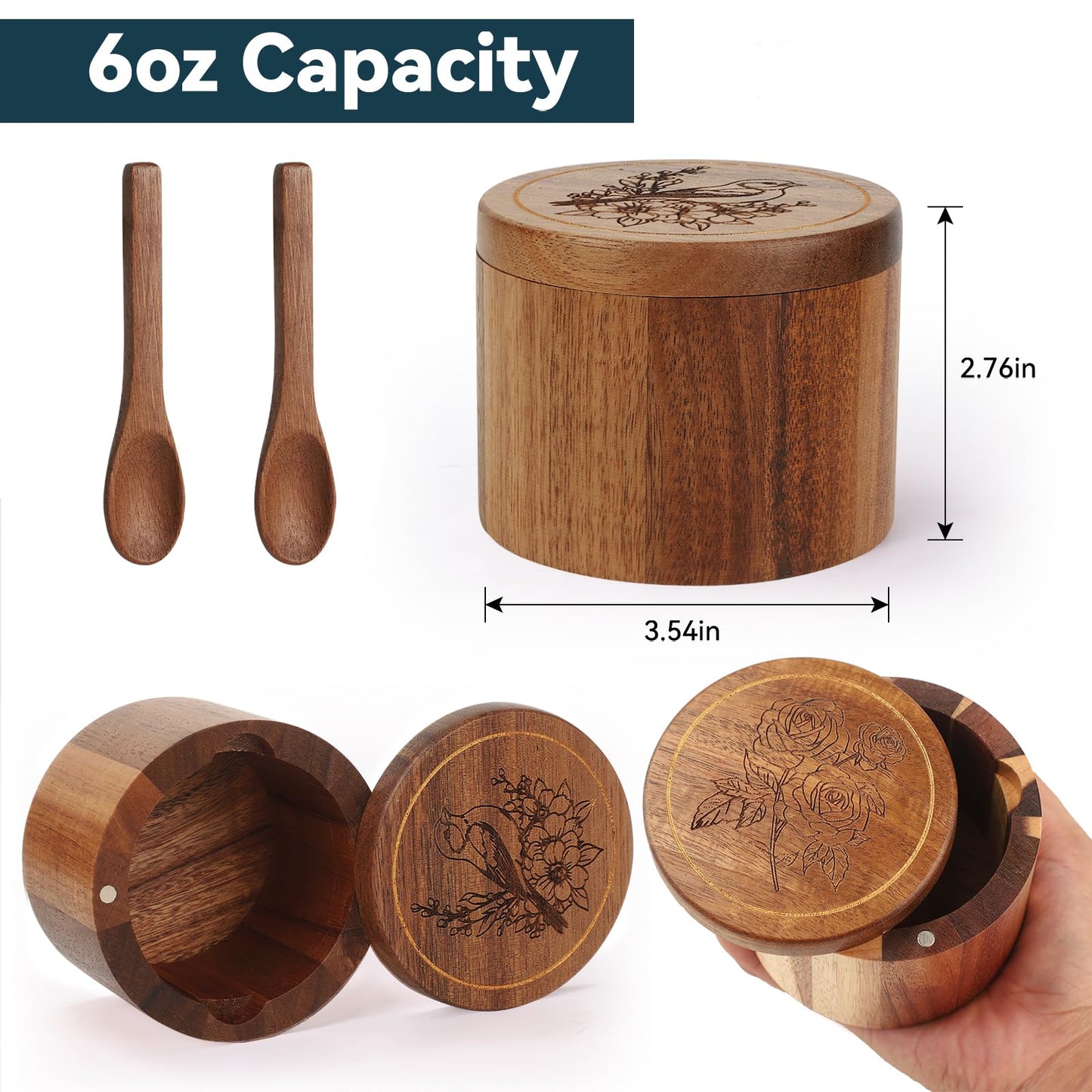 Timtopno Salt Cellar, Acacia Wood Salt Container with Built-in Spoon & Swivel Lid, Engraved SALT Box, Salt Holder Bowl for Countertop Seasoning Storage