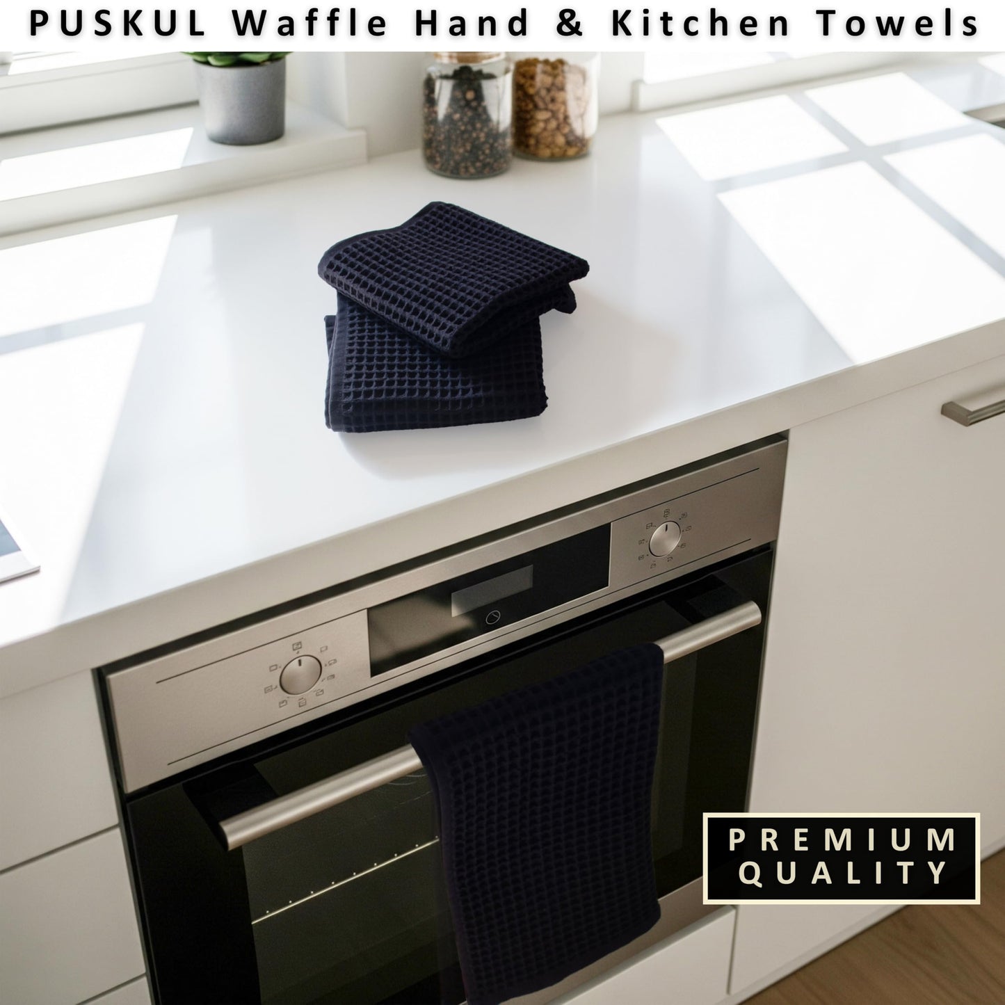 PÜSKÜL Organic Waffle Kitchen Towel Pure 100% Turkish Cotton Set of 3 Natural Raw-Undyed Towel - Premium Quality Soft Quick-Dry Absorbent Lint-Free Hand & Dish Towels Large 32X16 (3, Natural Beige)