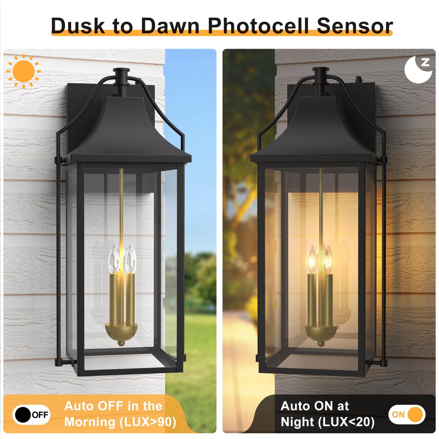 Outdoor Wall Lights Fixtures, Large Size Dusk to Dawn Waterproof Exterior Lanterns, Modern Porch Sconce Wall Mounted with Glass