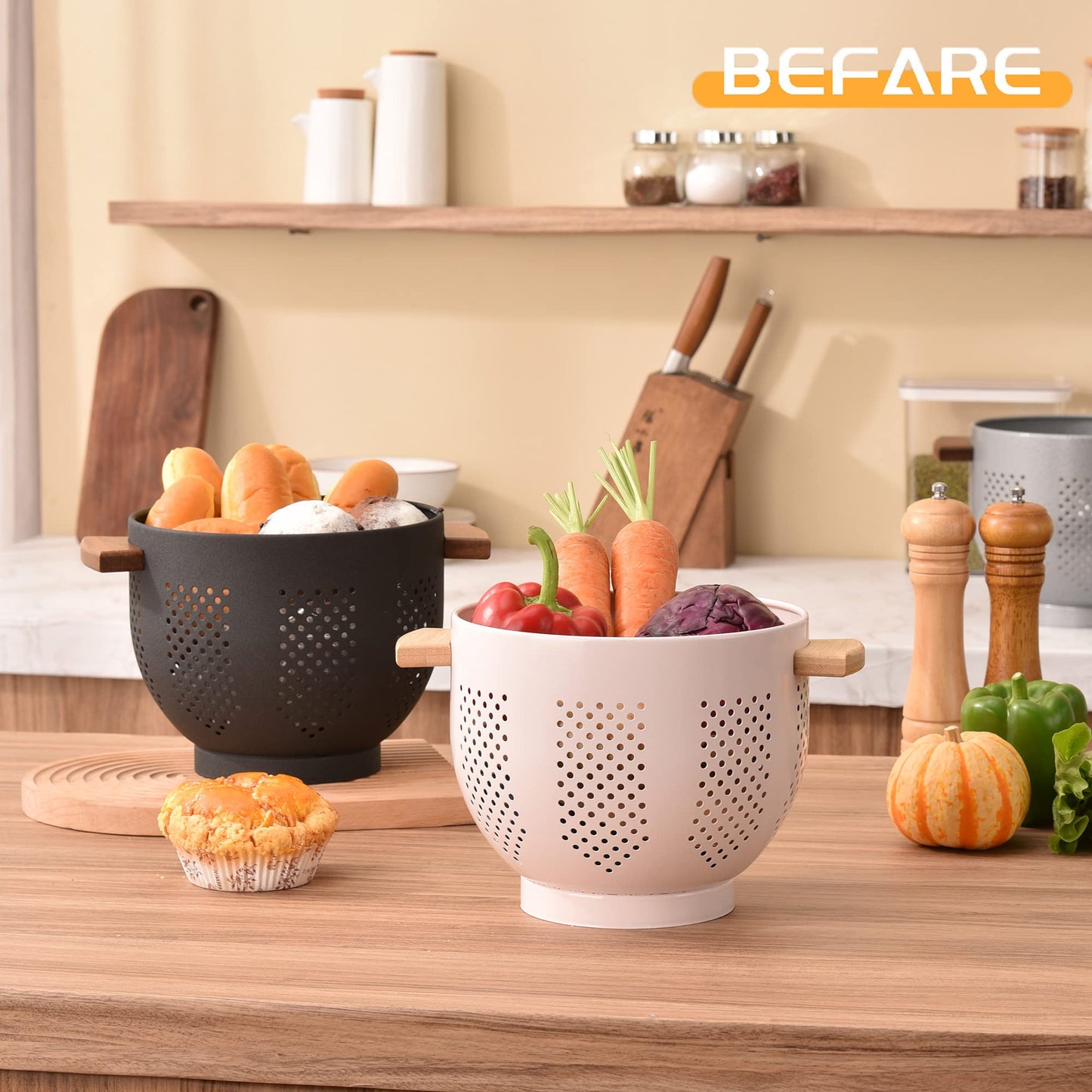 Metal Colander with Wood Handle and Stable Base, Powder Coated Steel Kitchen Strainer Basket for Draining Pasta, Vegetable and fruit(7quart,Sandyellow)