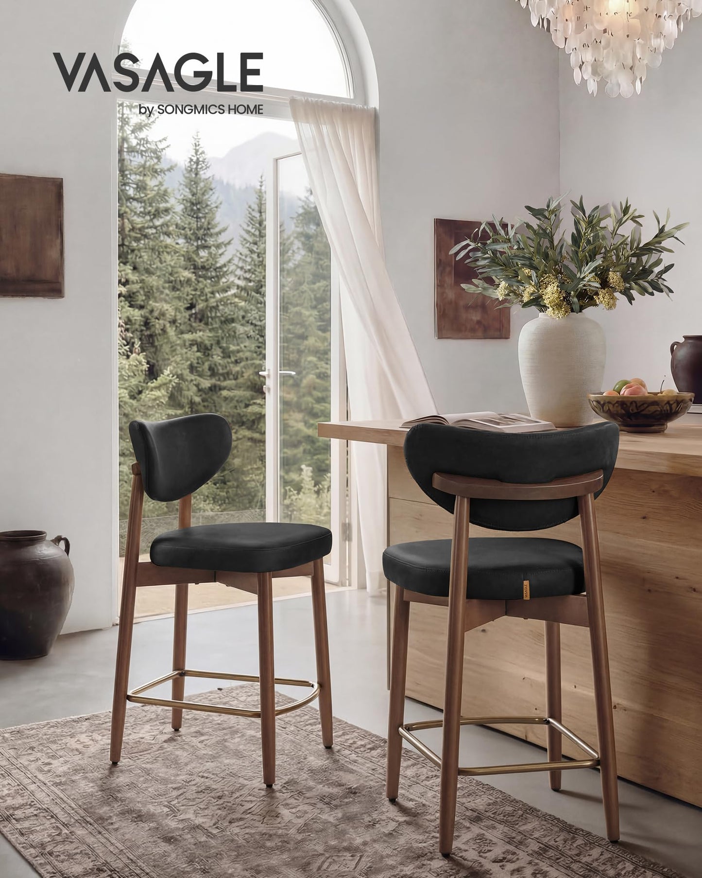 VASAGLE Wooden Bar Stools Set of 2, Upholstered Counter Height Barstools with Solid Wood Legs, Ergonomic Backrest, Mid Century Modern, for Kitchen Island, Linen-Look Fabric, Cappuccino Beige