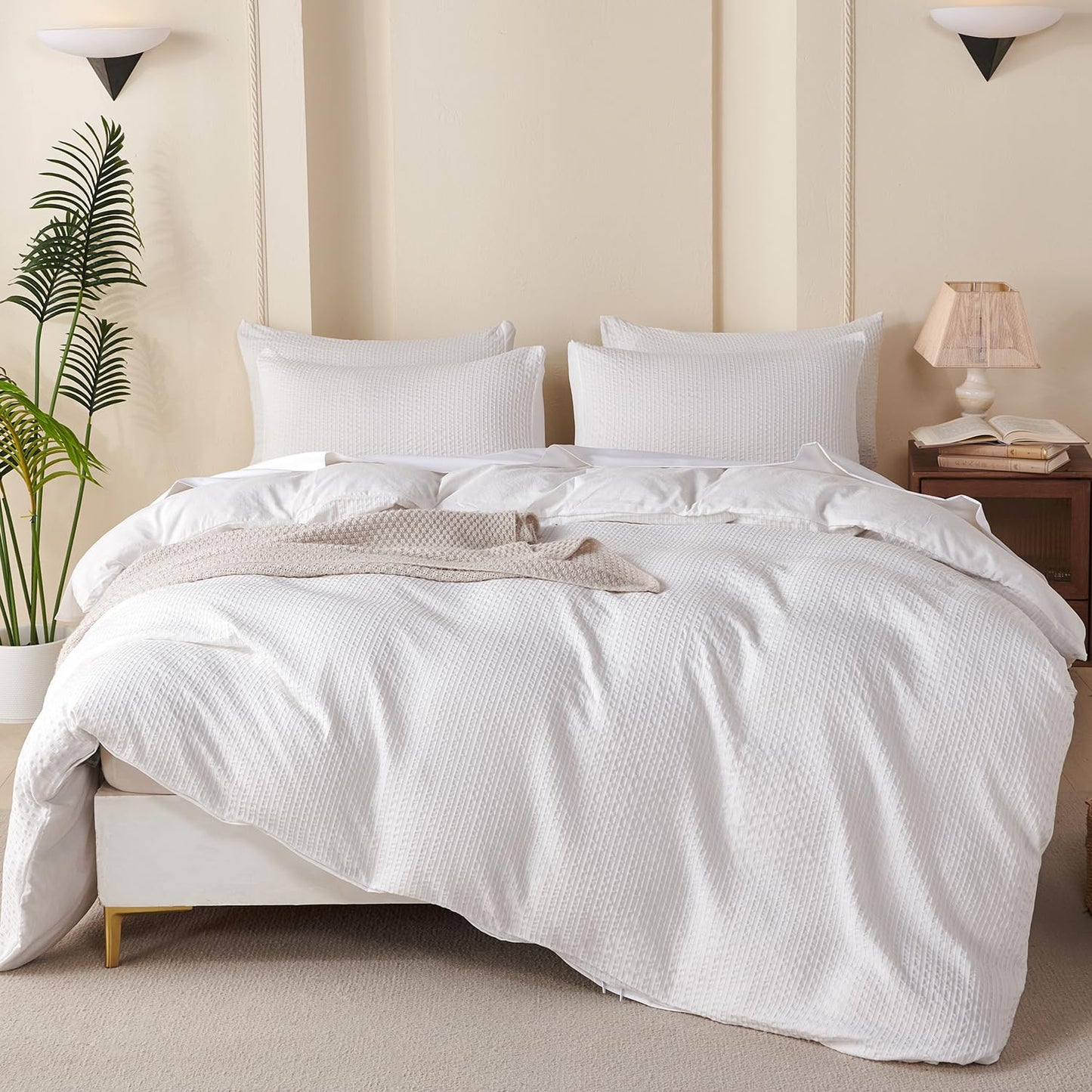 Striped Duvet Cover Queen Beige Washed Microfiber Jacquard 3 Pieces Bedding Set, White Beige Vertical Ticking Stripes Pattern Comforter Cover with Zipper Closure Breathable Durable Soft Comfy