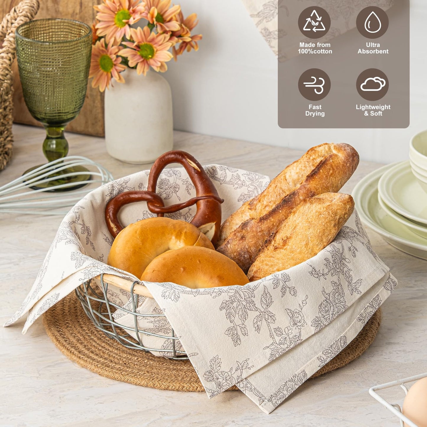 100% Cotton French Pastoral Kitchen Towels Set of 2, Decorative Flour Sack Tea Towels with Hanging Loop 18x25 Inch Absorbent Dish Cloths Farmhouse Home Decor, Brown