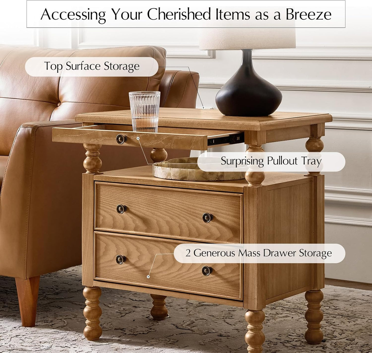 26" End Table with Charging Station and Transitional 2 Drawer Wood