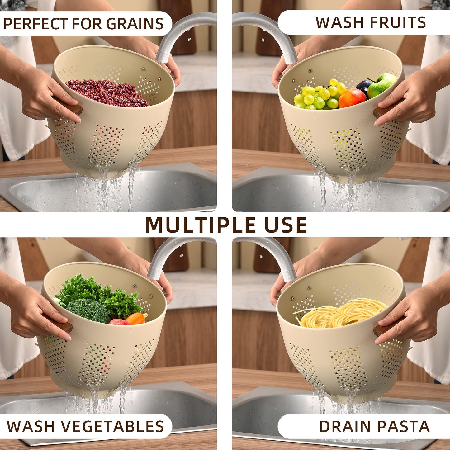 Metal Colander with Wood Handle and Stable Base, Powder Coated Steel Kitchen Strainer Basket for Draining Pasta, Vegetable and fruit(7quart,Sandyellow)