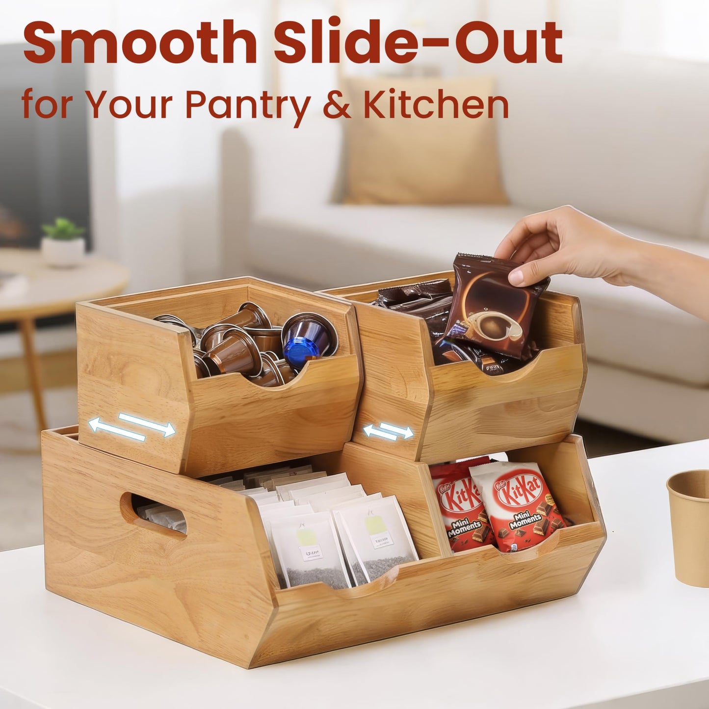 HOMESTEAD Stackable Solid Wood Storage Bins for Kitchen Pantry & Countertop, Ventilated Potato and Onion Basket Organizer with Handles, Wooden Produce Storage Containers, 3-Pack, Chestnut Finish