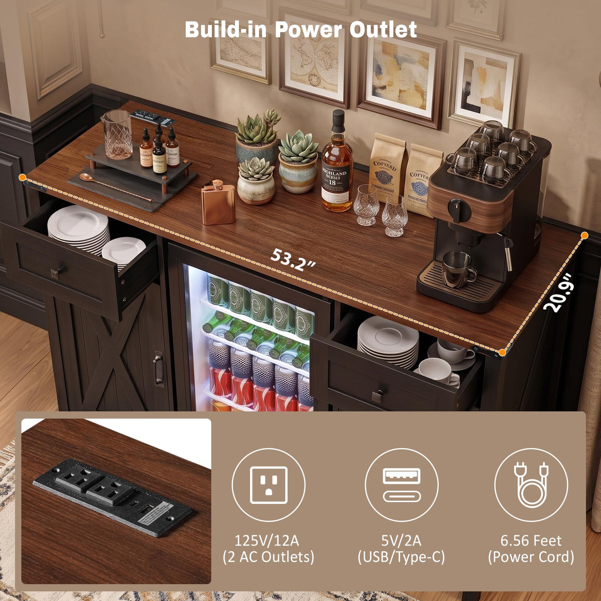 51" Modern Coffee Bar Cabinet with Fridge Space & 2 Drawers