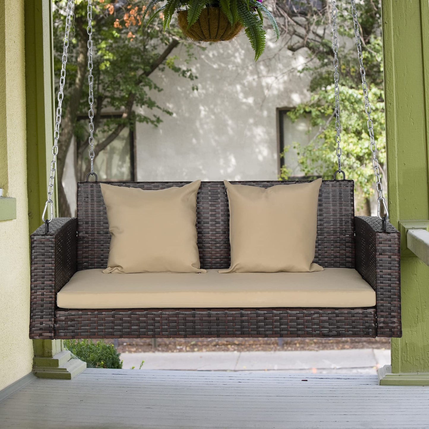 VINGLI 2.4 FT 1-Person Use Round Rattan Porch Swing Outdoor Support 440 LBS with Cushions & Adjustable Chains, Patio Wicker Swing Bench Chair for Garden, Yard, Lawn, Tree, Brown