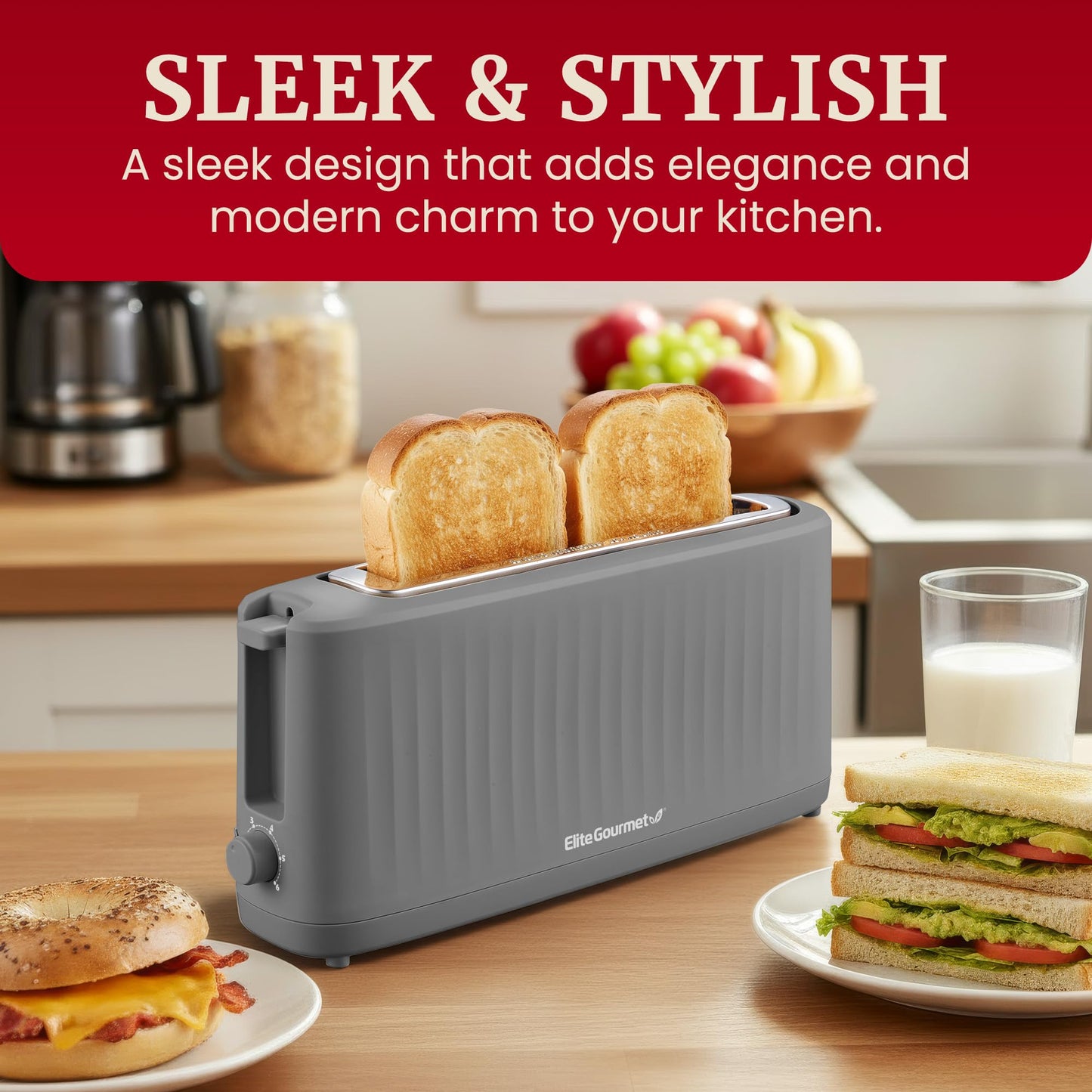 Elite Gourmet ECT2517C SLIMTOAST™ 2-Slice Long Slot Toaster, Cool-Touch Body, 6 Browning Shades, Extra-Wide 1.5" Slot for Artisan Bread, Bagels, Waffles & English Muffins, Cremello