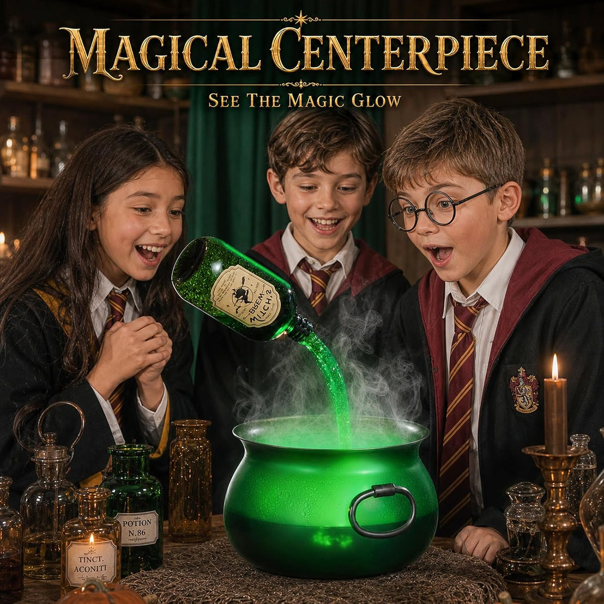 Large Translucent Witches Cauldron with Magic Floating Potion Bottles