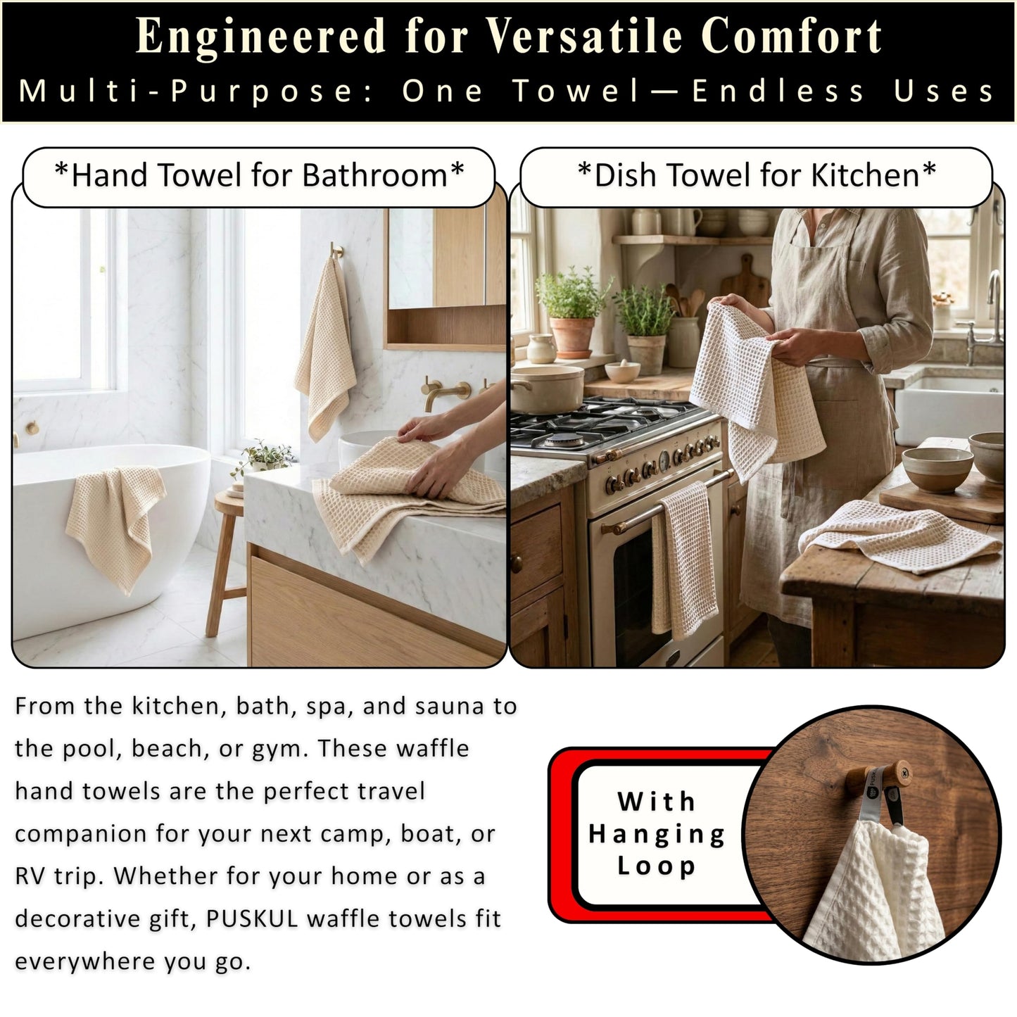 PÜSKÜL Organic Waffle Kitchen Towel Pure 100% Turkish Cotton Set of 3 Natural Raw-Undyed Towel - Premium Quality Soft Quick-Dry Absorbent Lint-Free Hand & Dish Towels Large 32X16 (3, Natural Beige)