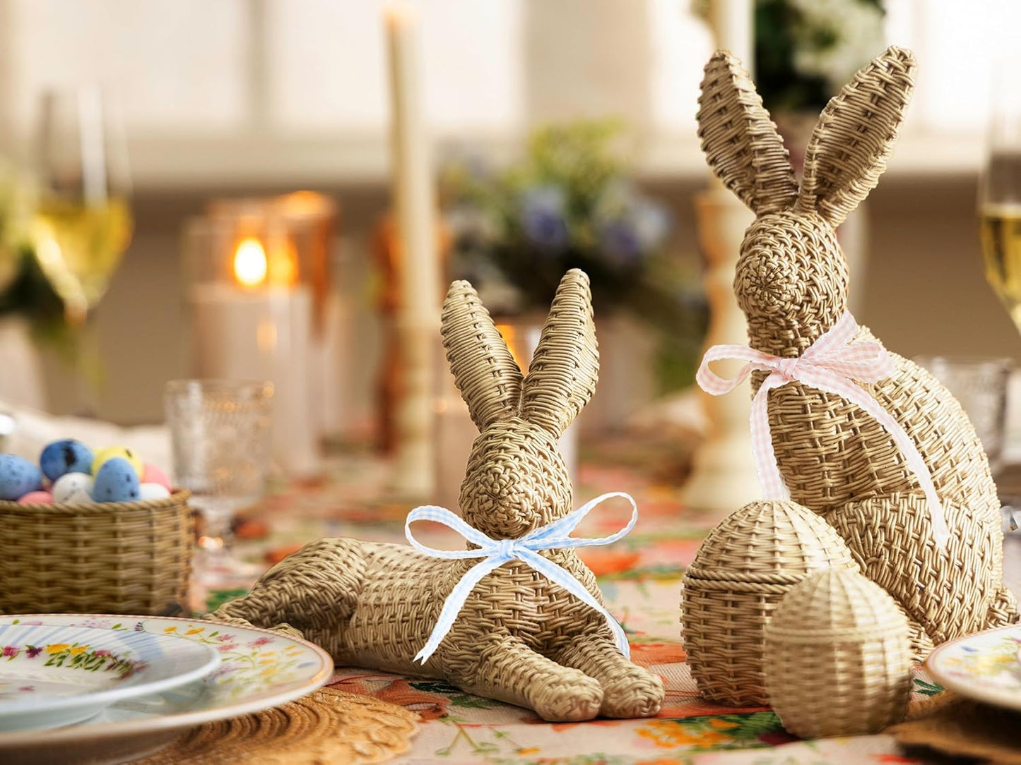 Easter Decorations for Home – 5 Pieces Rattan Effect Bunny & Egg Set, Easter Bunny Figurines with Rattan Decor Style for Easter Table Decor & Spring Home Decorations