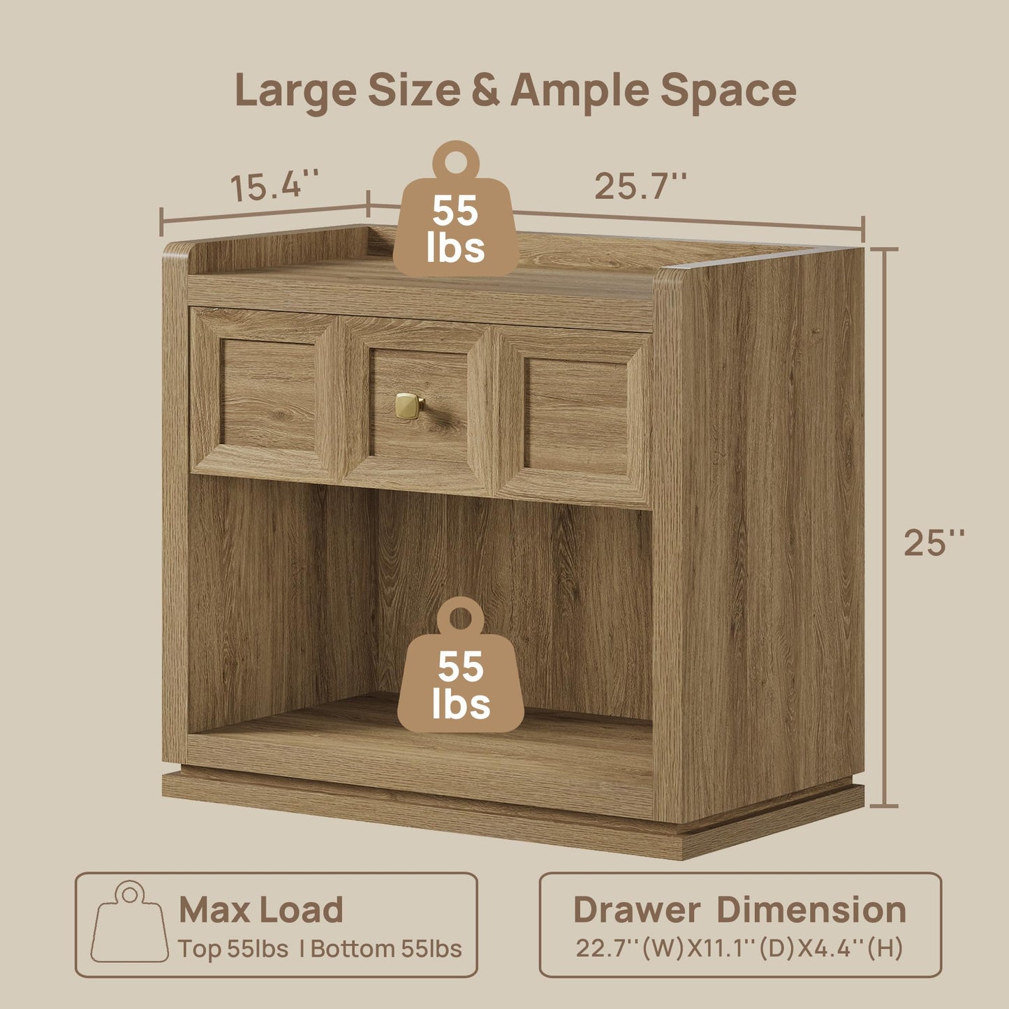 SICOTAS Night Stand Set 2, 26" Wide Nightstands with Drawer, Large Queen Size Nightstands Set of 2, Modern Bedside Table for Bedroom, Side End Table (Brown Oak, 26-Inch)
