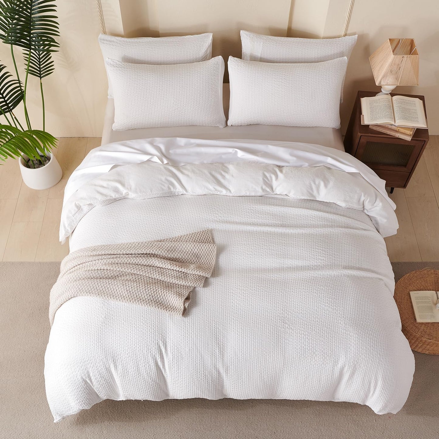 Striped Duvet Cover Queen Beige Washed Microfiber Jacquard 3 Pieces Bedding Set, White Beige Vertical Ticking Stripes Pattern Comforter Cover with Zipper Closure Breathable Durable Soft Comfy