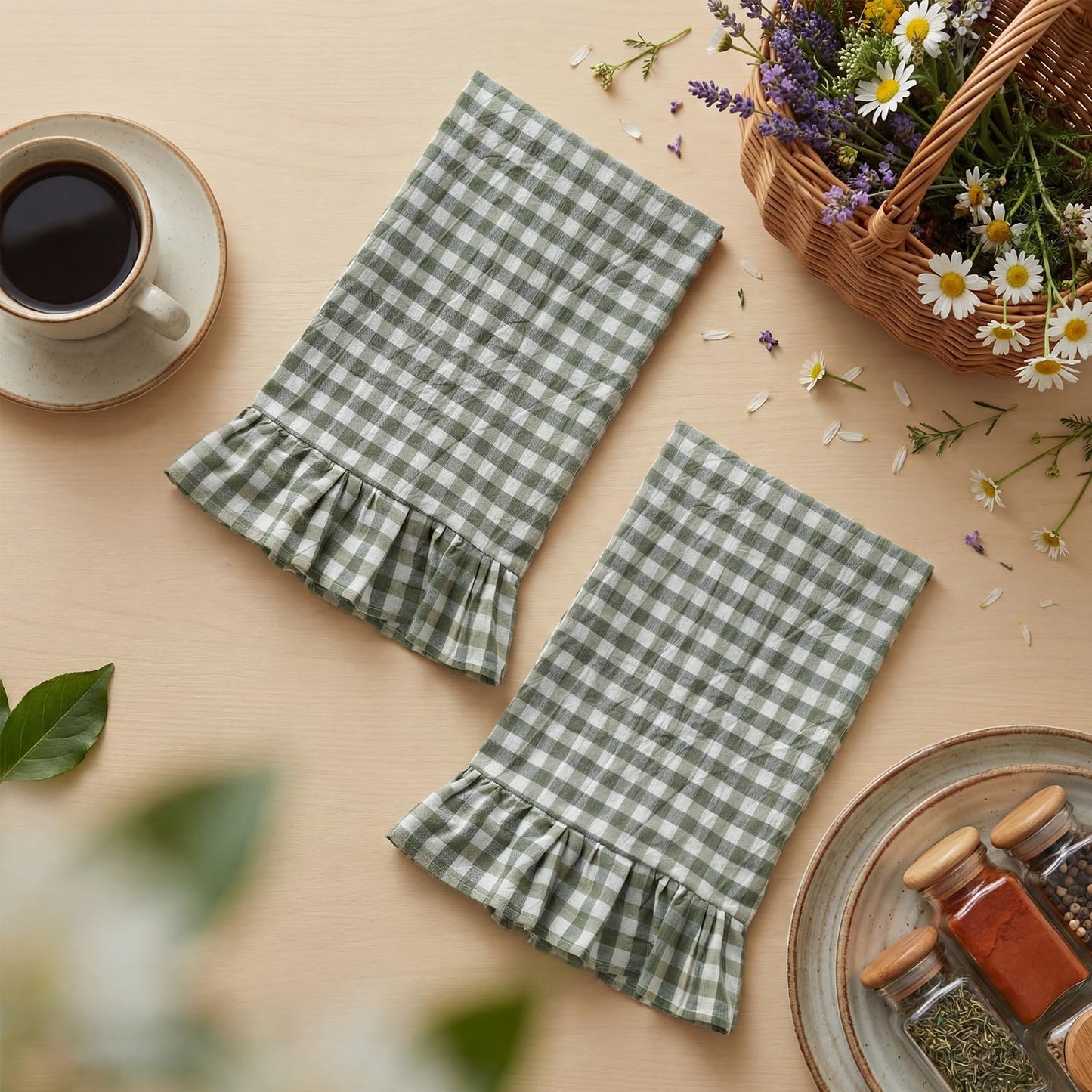 HunnmingRe Taupe Kitchen Towels Set of 2, 100% Cotton Ruffled Gingham Dish Towels 18"x28" Tea Cloths Classic Plaid Pattern for Farmhouse Charm, Drying Dishes, Entertaining Guests