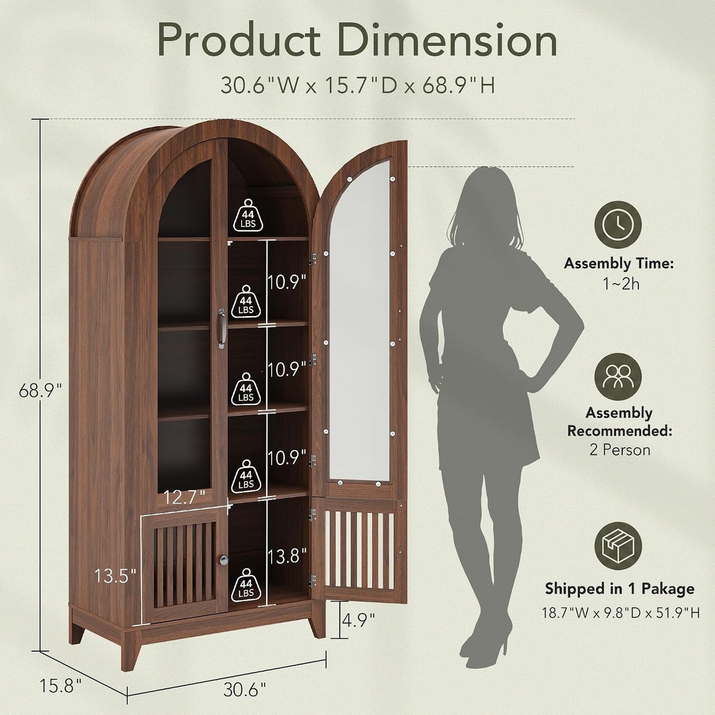 Tall Arched Storage Cabinet with Glass Door