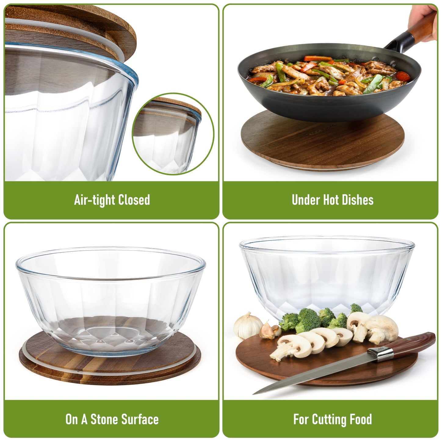 Glass Container Set with Acacia Lids - 4 Stackable Meal Prep Containers. Durable heat resistant Inert Borosilicate Glass
