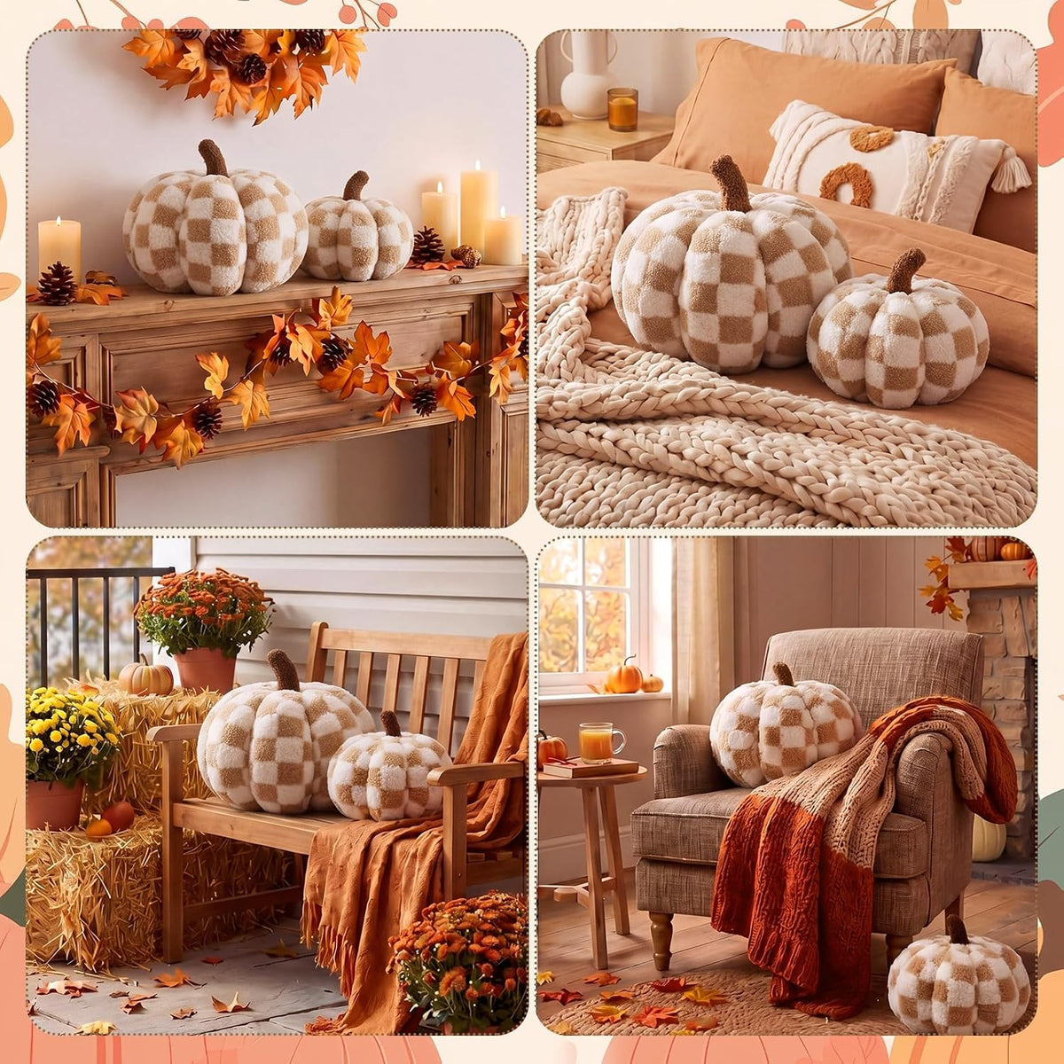 2 Pcs Pumpkin Pillows Brown White Checkerboard