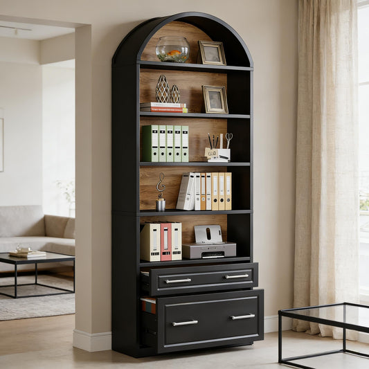 Arched 8 Tier Tall Bookshelf with Wood Back Panel