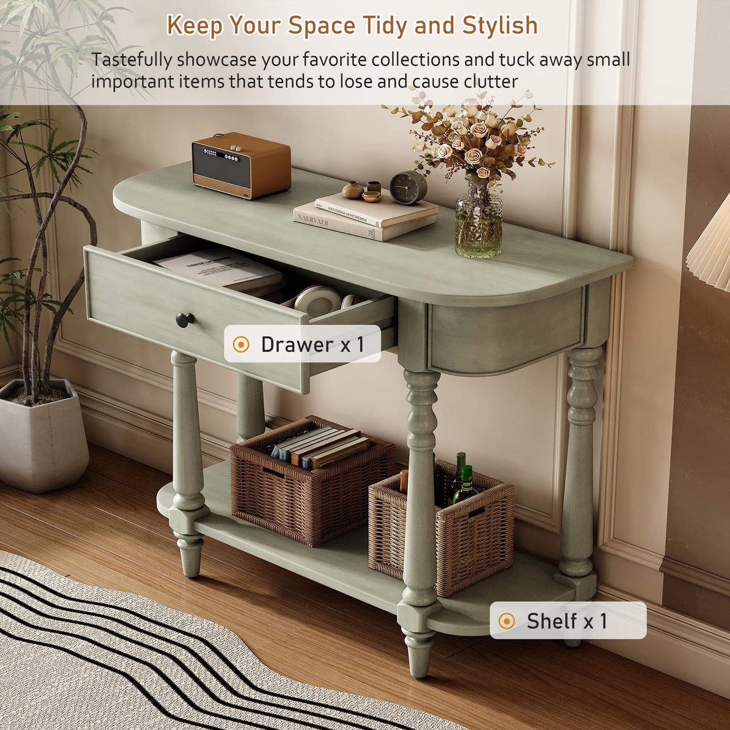 36-Inch Retro Console Sofa Table with Drawer & Storage Shelf