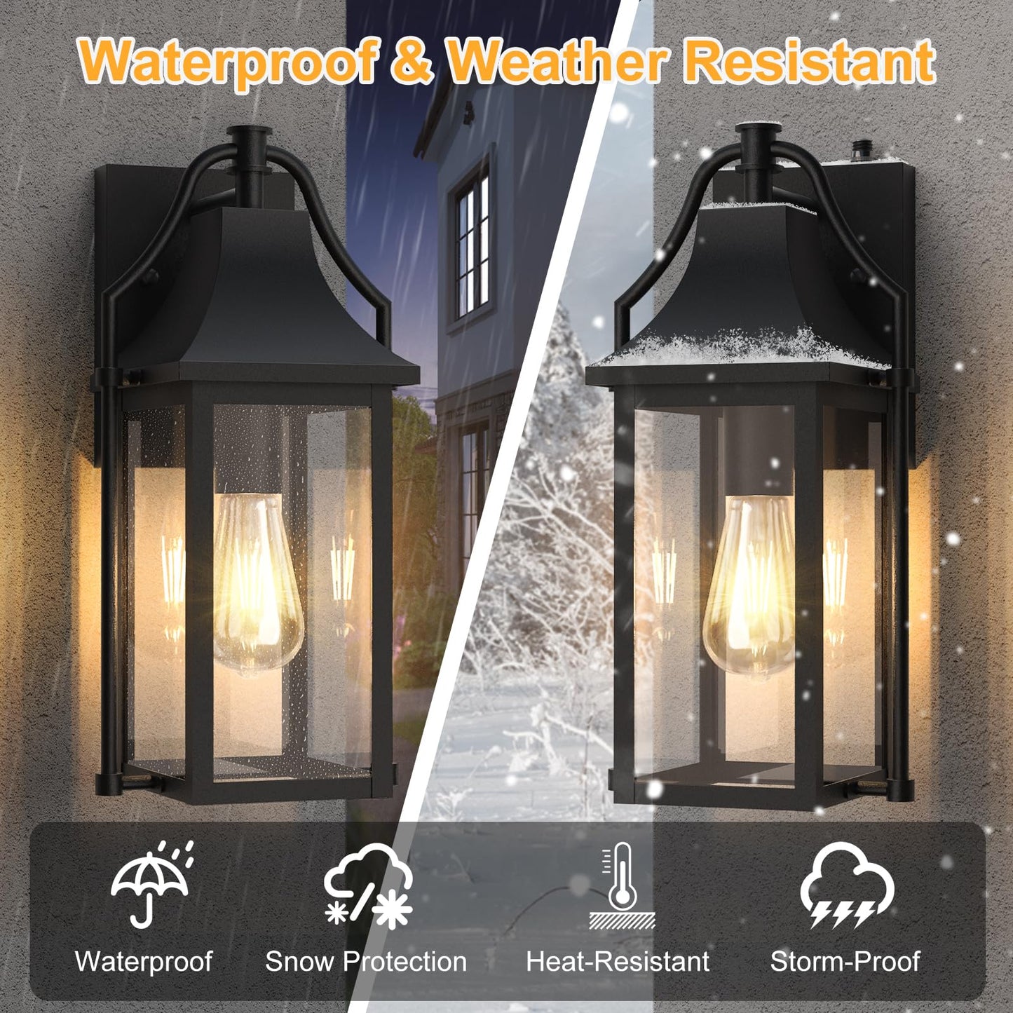 Outdoor Wall Lights Fixtures, Large Size Dusk to Dawn Waterproof Exterior Lanterns, Modern Porch Sconce Wall Mounted with Glass