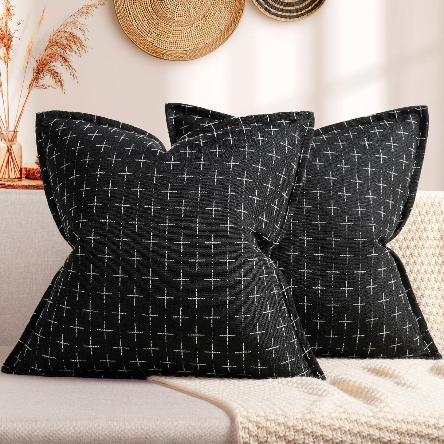 ZWJD Pillow Covers 18x18 Set of 2 Soft Polyester Textured Pillow Covers with Stylish Flange Edge Cozy Farmhouse Throw Pillows for Couch Bed Sofa Living Room
