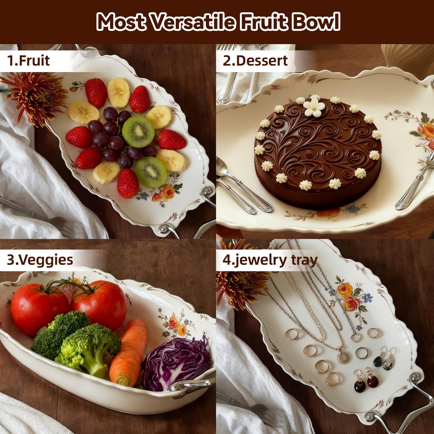 9″ Ceramic Pedestal Fruit Bowl with Removable Wooden Stand, Decorative Floral Serving Bowl for Kitchen Counter, Fruit, Desserts, Vegetables & Home Decor