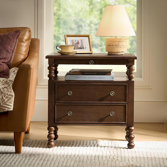26" End Table with Charging Station and Transitional 2 Drawer Wood