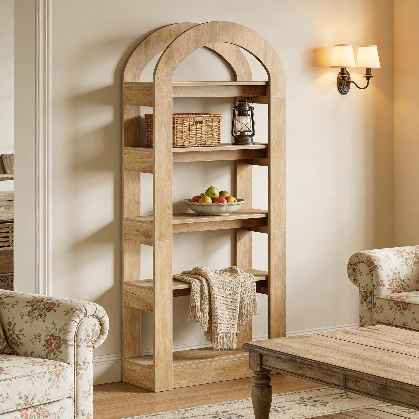 Arched 8 Tier Tall Bookshelf with Wood Back Panel