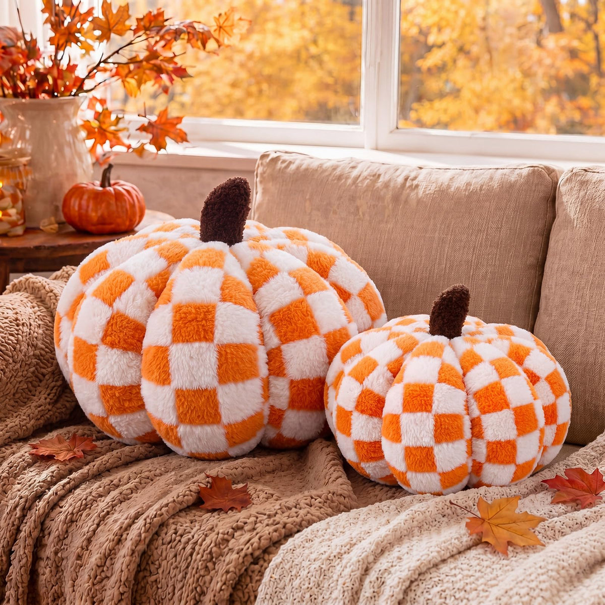 2 Pcs Pumpkin Pillows Brown White Checkerboard