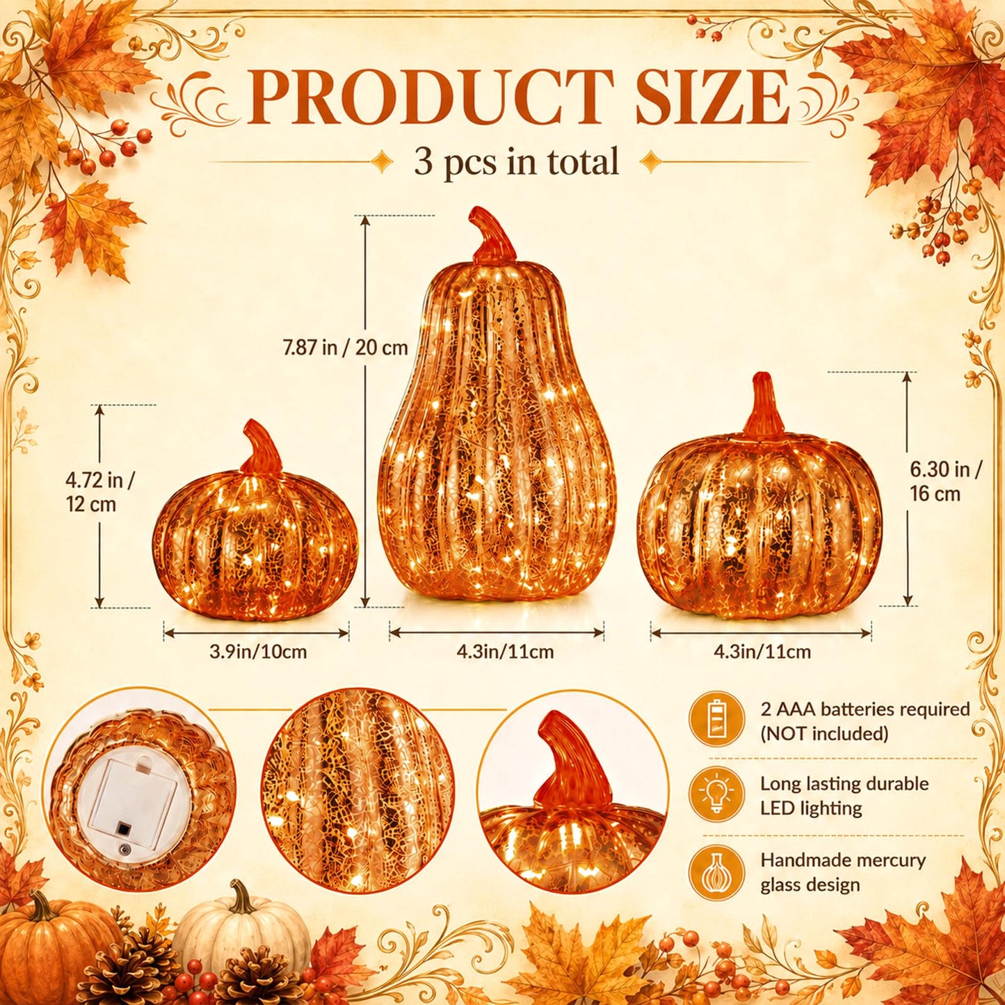 3 Pack Fall Glass Pumpkin with Light