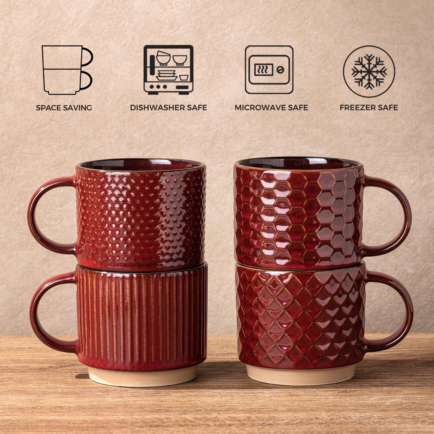 GBhome 12OZ Stackable Coffee Mugs, Ceramic Coffee Mugs with Texture Patterns for Man,Woman,Dad,Mom, Modern Coffee Mugs Set of 4 for Latte/Cappuccino/Cocoa. Dishwasher&Microwave Safe, Pale Khaki