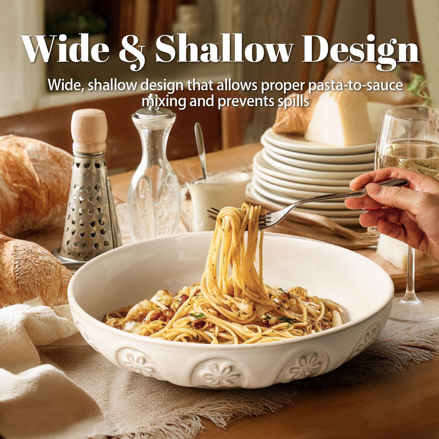 Artena Pasta Bowls, 50oz Large Salad Serving Bowls, 9.75'' Plates Bowl Set of 4, Big White Ceramic Soup Bowl for Kitchen, Embossment Shallow Dinner Bowl, Microwave Dishwasher Safe, Damask Floral
