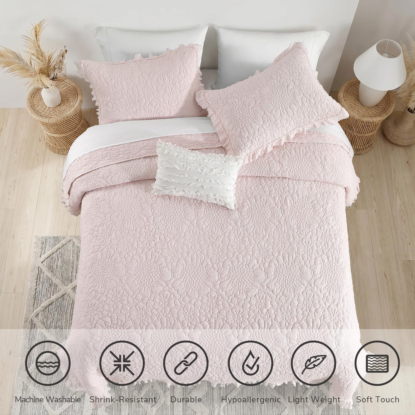 Ruffled Quilt Stone-Washed Lightweight Crinkled Shabby Chic Bedding Set