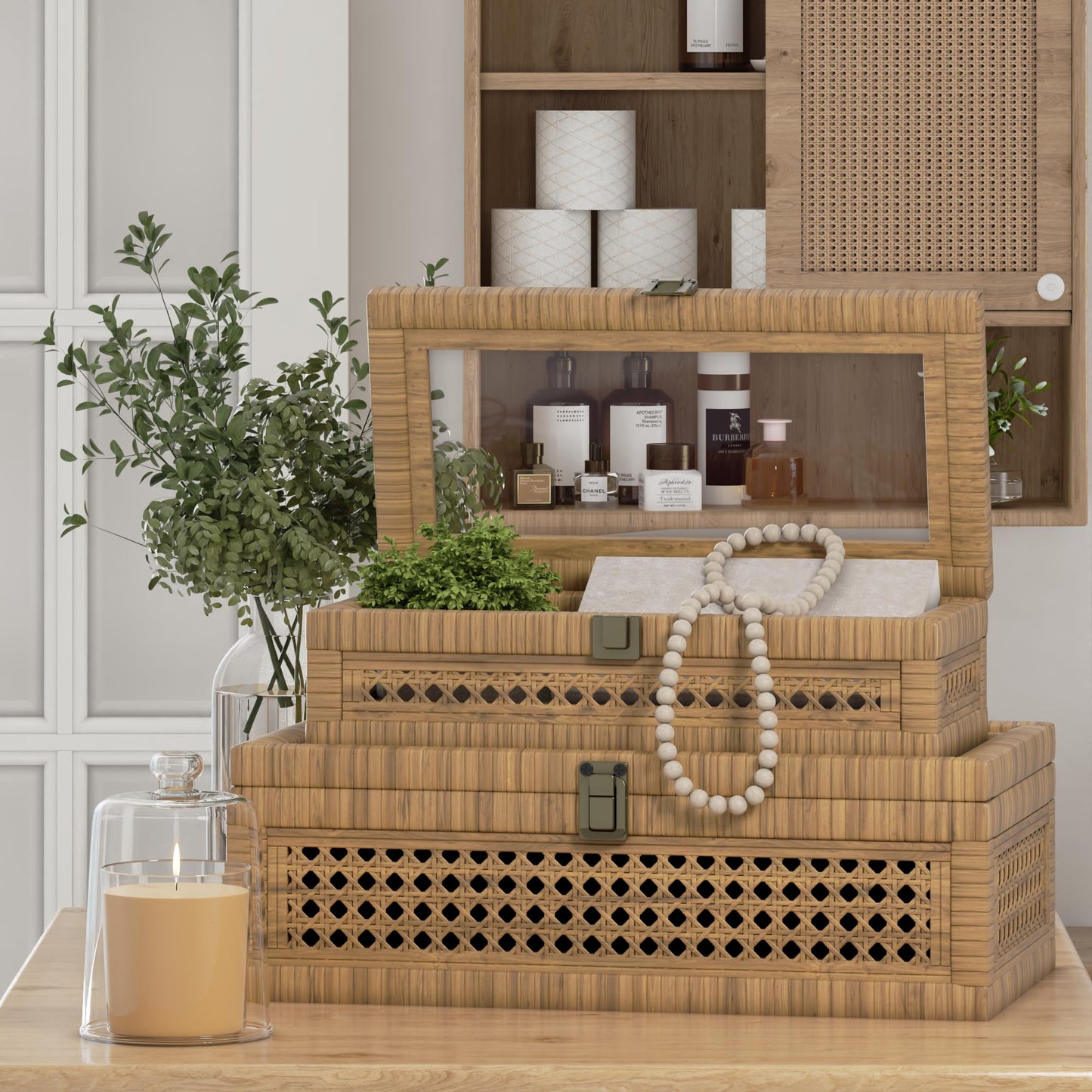 Rattan Decorative Box,Boho Display Boxes with Lids,Set of 2 Rectangular Wicker Storage Decoration,Natural Woven Cane Bins for Home Decor for Rustic Farmhouse(Yellow and Black)