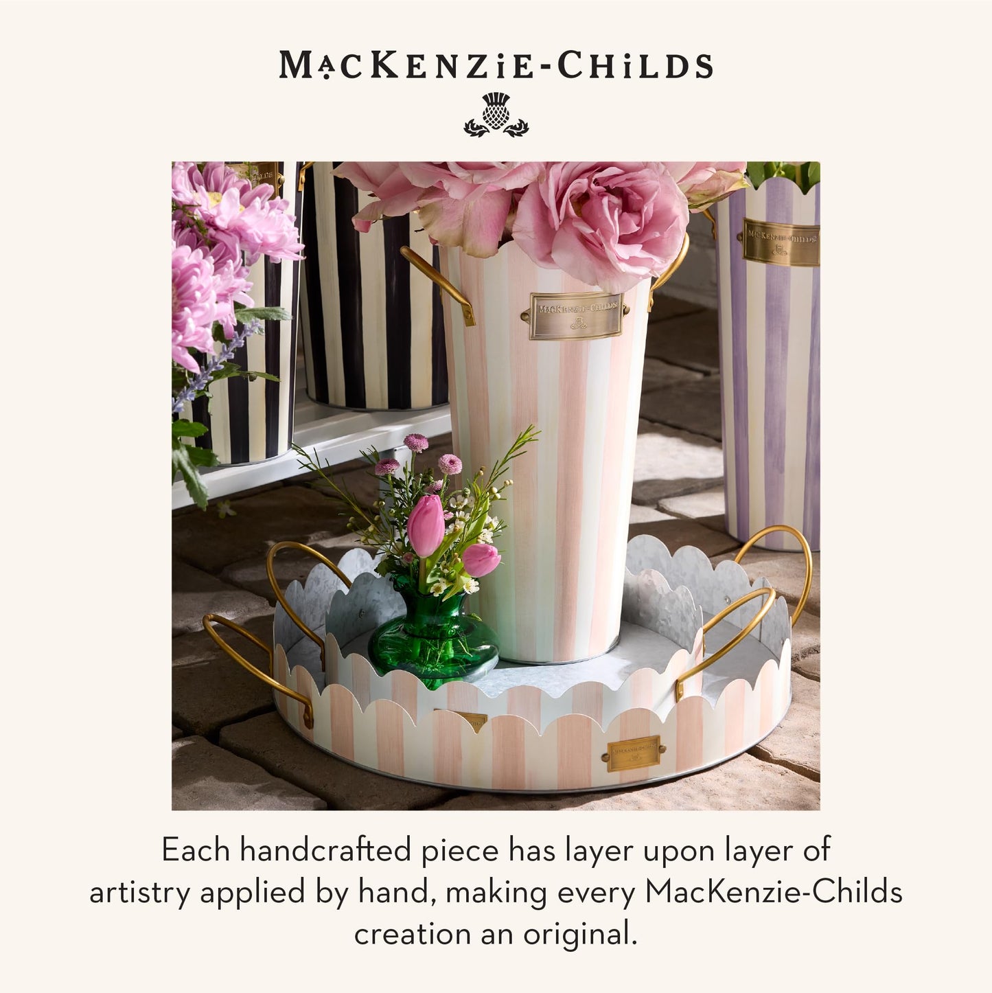 MACKENZIE-CHILDS Set of 3 Galvanized Flower Buckets, Decorative Metal Buckets, Black-and-White Courtly Stripe