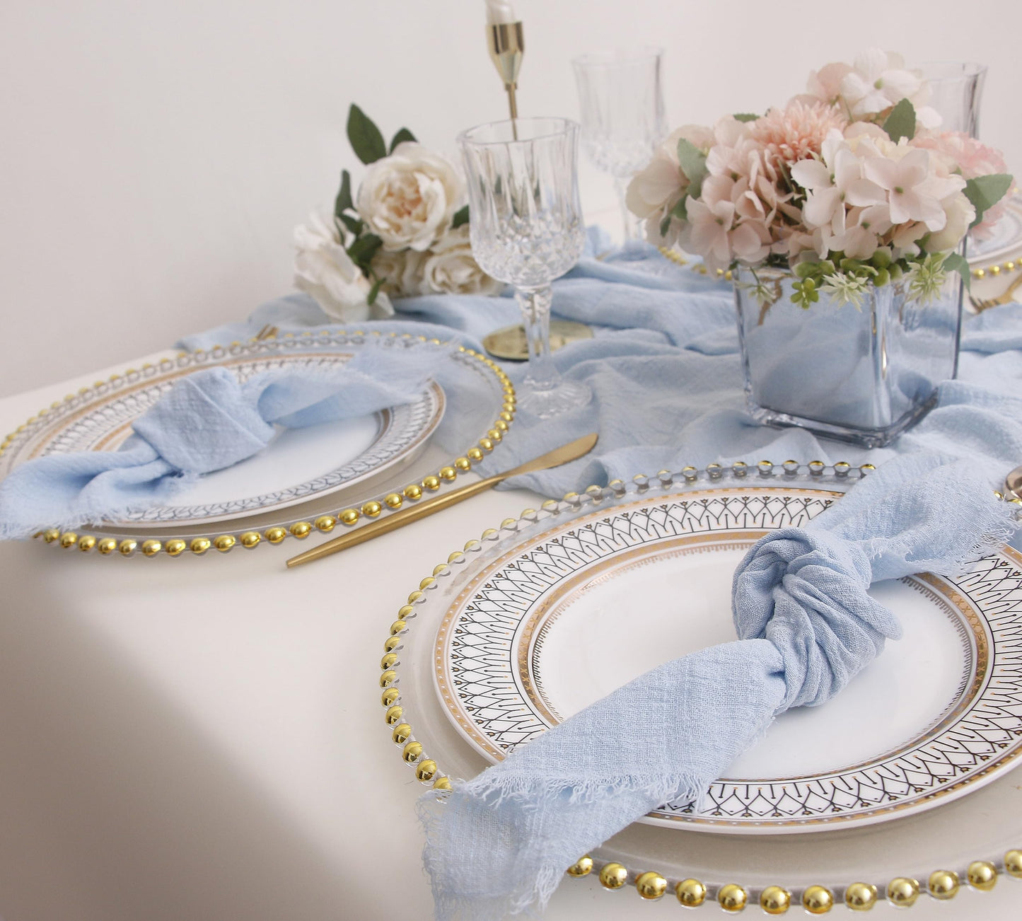 Cloth Napkins with Fringe Set of 12,100% Soft Cotton, Gauze Washable Easter Napkins for Wedding Decorative Dinner Parties, Valentine's Day (16''*16'') Light Blue