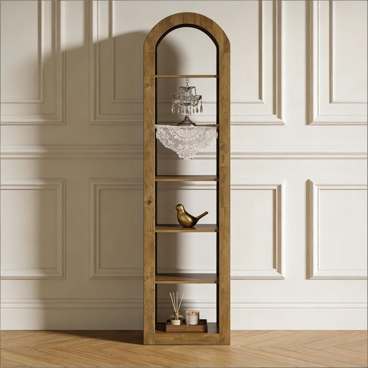 Arched 8 Tier Tall Bookshelf with Wood Back Panel