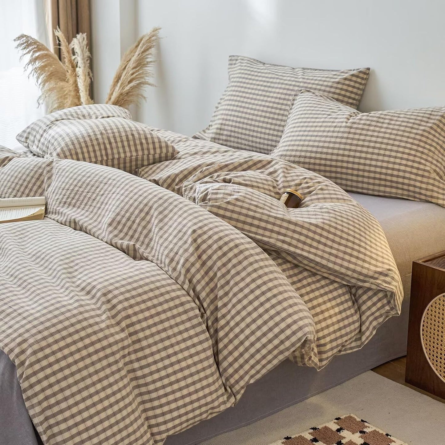 Duvet Cover Set - Brown Plaid Gingham Comforter Cover with Zipper Closure