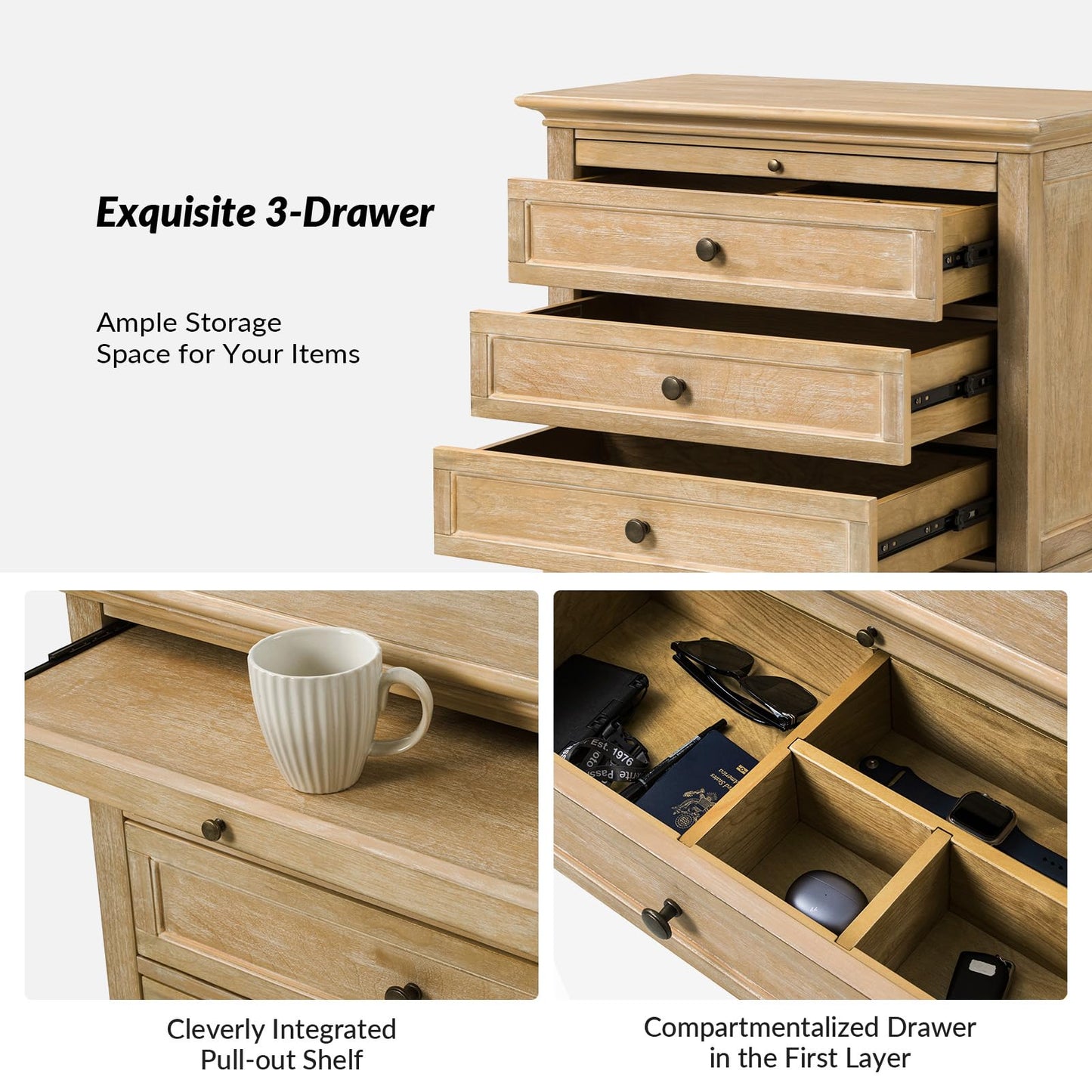 Solid Wood 3 Drawer End Table with Tray