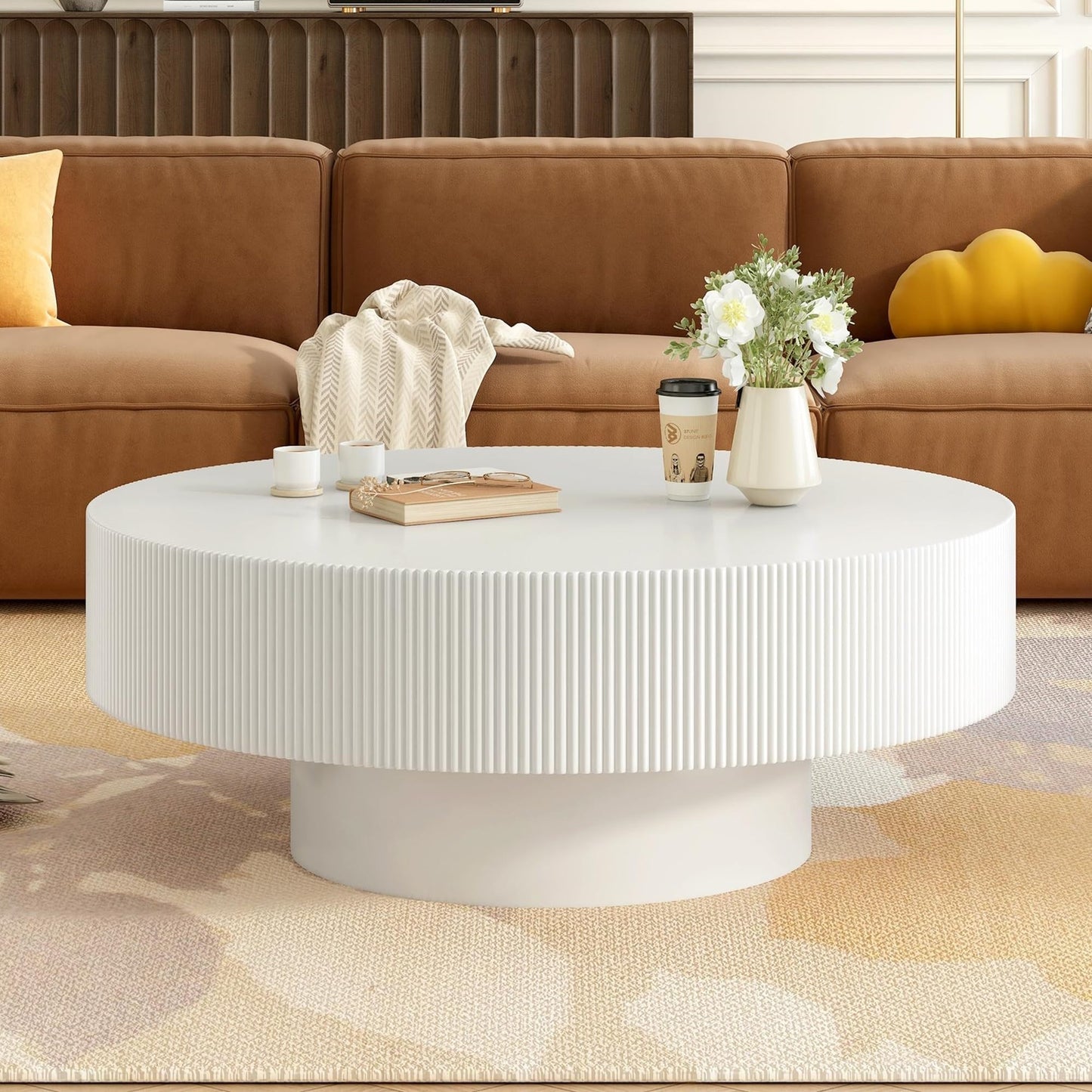 WILLIAMSPACE 43.31" Rectangle Coffee Table with Burl Wood Veneer & Sturdy Base, Modern Luxury Wood Drum Center Table End Table Accent Side Table for Living Room, Minimalist Fluted Design, Oak
